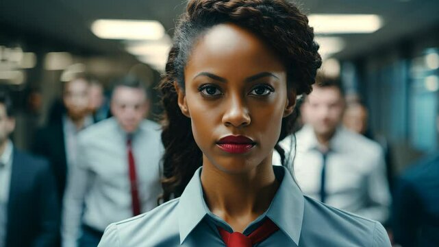 Gender Inequality in the Workplace concept. African-American woman in an office surrounded by men. Racial and sexist discrimination at work.