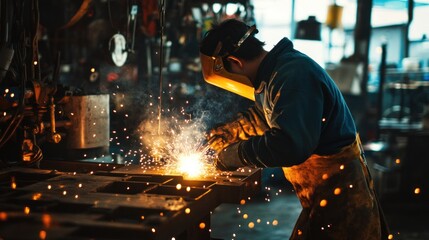 Industrial Welder Working with Sparks and Smoke