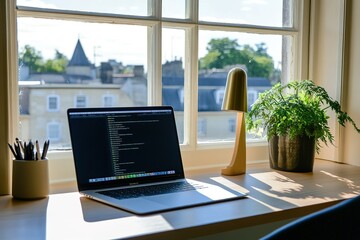 Fototapeta premium Bright modern workspace with large windows, minimalist desk, and artistic decor elements