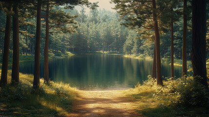 Fototapeta premium A serene forest landscape featuring tranquil lake surrounded by tall trees and lush greenery. sunlight filters through leaves, creating peaceful atmosphere.