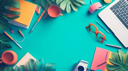 Obraz premium Vibrant workspace with colorful stationery and laptop