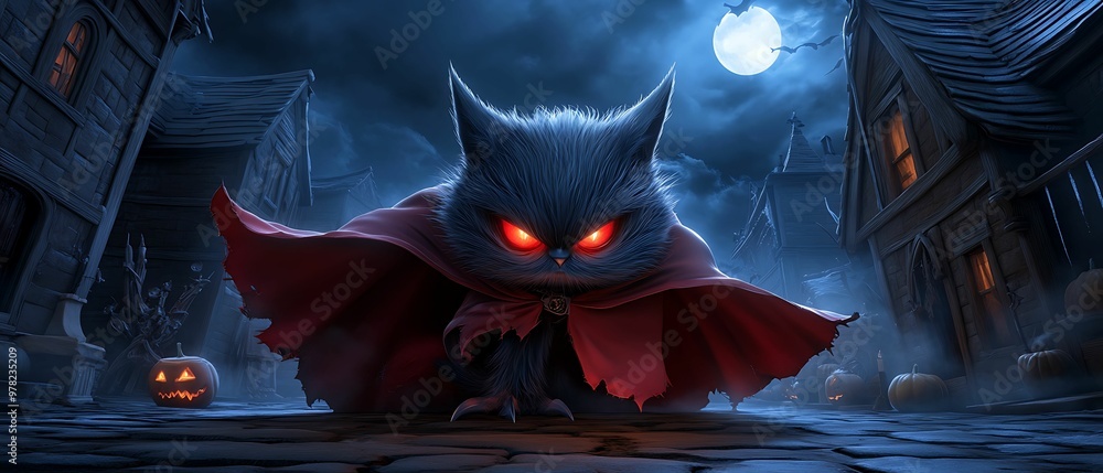 Poster dark and mysterious gothic halloween vampire in 3d cartoon style with dramatic lighting and sharp fo