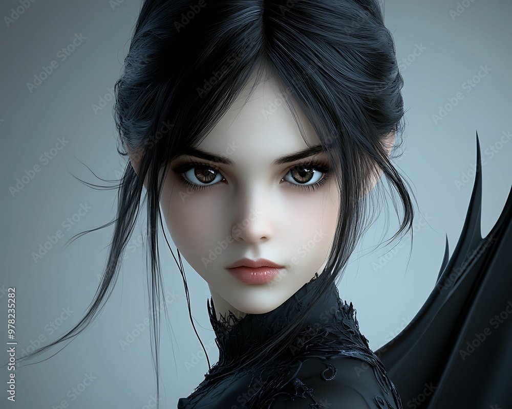 Poster enigmatic gothic vampire in 3d cartoon style close-up with dark ambiance and soft mood enhanced by c
