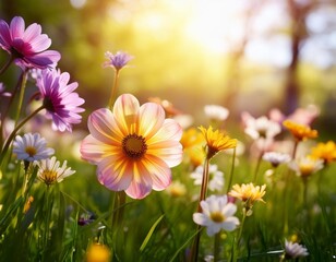 Fototapeta premium Vibrant spring floral background with depth of field for a refreshing seasonal vibe