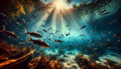 Obraz premium A sunlit aquatic dance of diverse marine life.