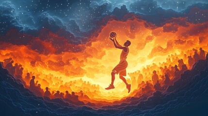 Paper Cut Basketball Player Slam Dunk with Crowds and Lights