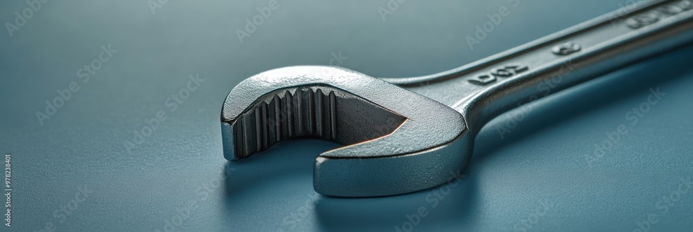 Poster a close-up of a metallic adjustable wrench on a smooth surface.