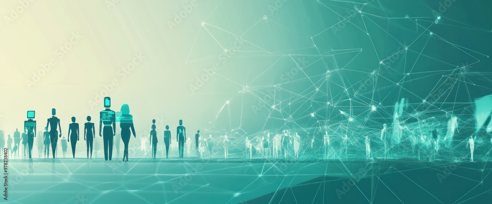 Poster Abstract representation of digital connectivity with figures and network lines.