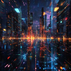 Obraz premium A futuristic cityscape with vibrant lights and reflections, evoking a sense of technology.