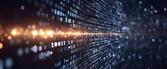 Abstract digital background with binary code and glowing particles representing data flow.