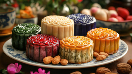 Delicious mooncakes made with mixed nuts and fruits, beautifully arranged