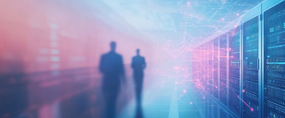 Fototapeta premium Silhouetted figures in a data center with digital connections.