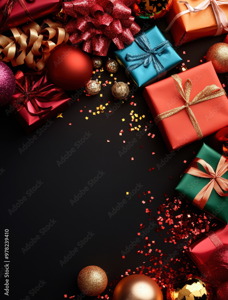 Poster a black background with a bunch of colorful presents and ornaments. the presents are of different si