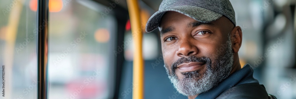 Poster a man with a beard and cap smiles while sitting on a bus.