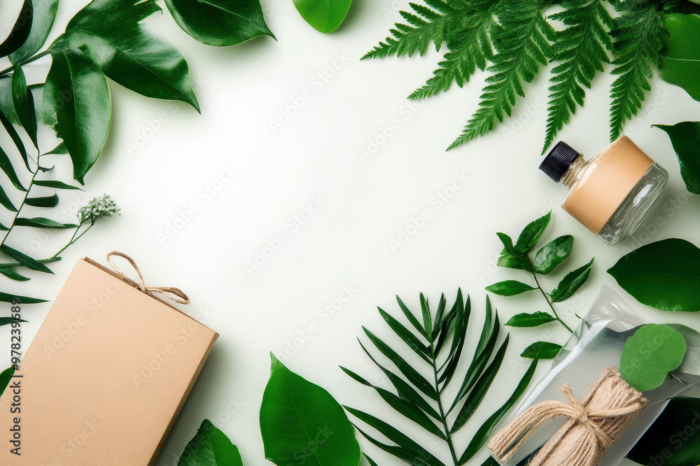 Poster a box of brown paper sits in the center of a green leafy background. the box is tied with a string a