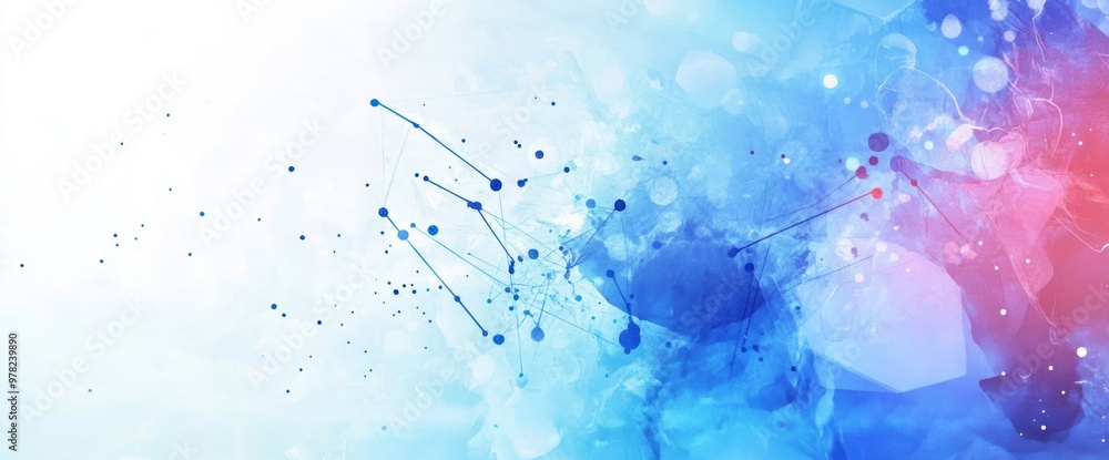 Poster abstract design featuring blue and red hues with dynamic shapes and connections.