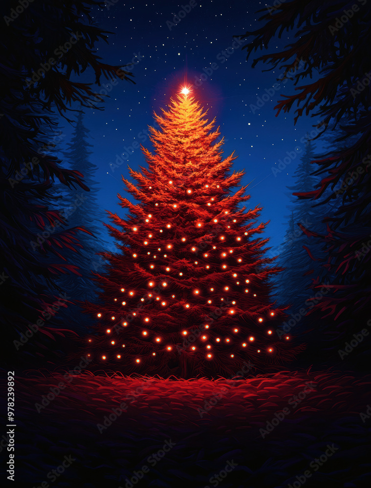 Poster a christmas tree with lights on it is lit up in the dark. the tree is surrounded by trees and the sk