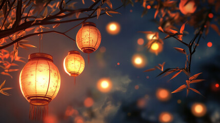 Obraz premium Illuminated lanterns hang from branches, creating magical atmosphere