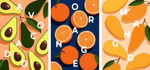 Avocado orange mango fruits poster vector illustration. Tropical fruit design for background, fruit shop or juice bar poster, kitchen decor, and art print.