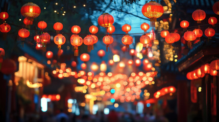 Fototapeta premium vibrant festival atmosphere is filled with red lanterns illuminating night sky