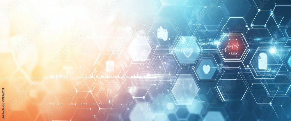 Poster abstract digital design featuring health-related icons and data visualization elements.