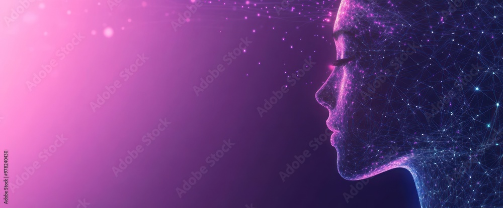 Poster a digital representation of a woman's profile with a network of particles and light.