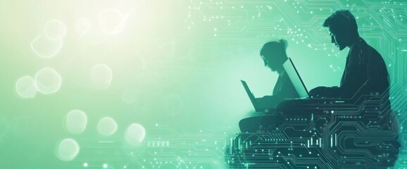 Silhouettes of two individuals working on laptops against a tech-inspired background.