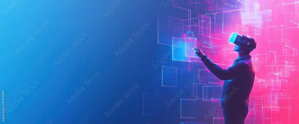 Poster a person wearing a vr headset interacts with digital elements in a colorful virtual environment.