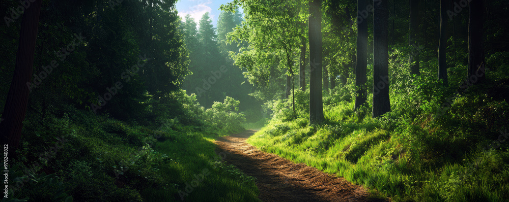 Poster a forest path with trees and grass. the sun is shining through the trees, creating a peaceful and se