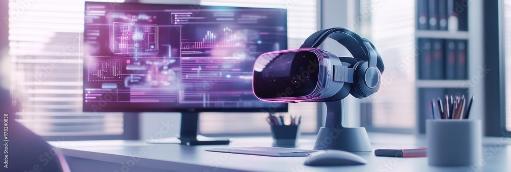 Poster a modern workspace featuring a vr headset and computer, emphasizing technology and innovation.