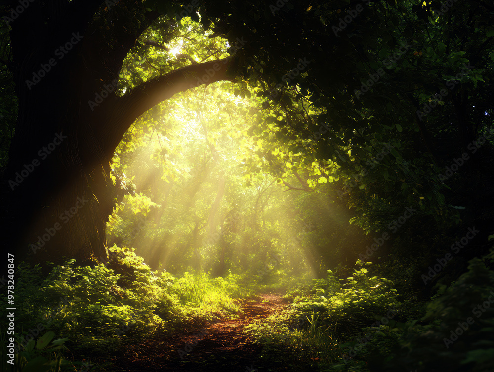 Poster a forest with a tree in the middle of it. the sun is shining through the leaves, creating a warm and