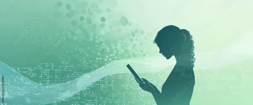 Poster Silhouette of a person holding a phone against a gradient background with digital elements.