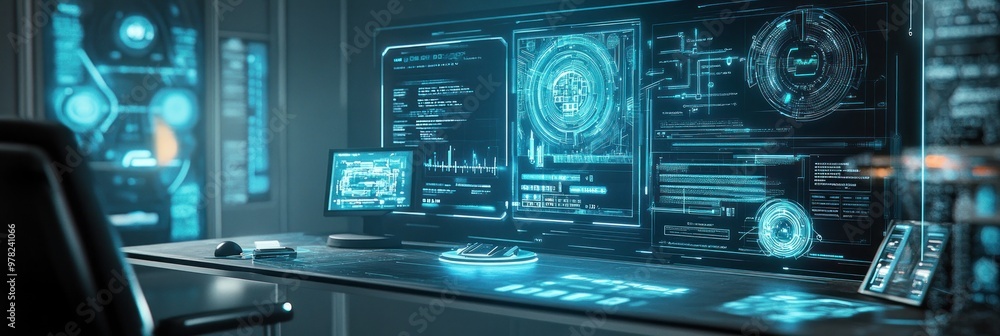 Aufkleber futuristic workspace with holographic displays and advanced technology interfaces.