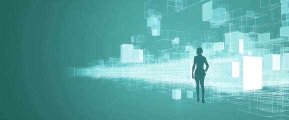 Obraz premium A silhouette of a person walking through a digital landscape of abstract shapes and light.