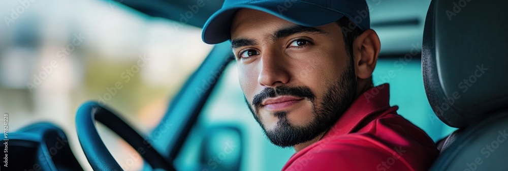 Poster a man with a beard sits in a vehicle, looking towards the camera with a confident expression.
