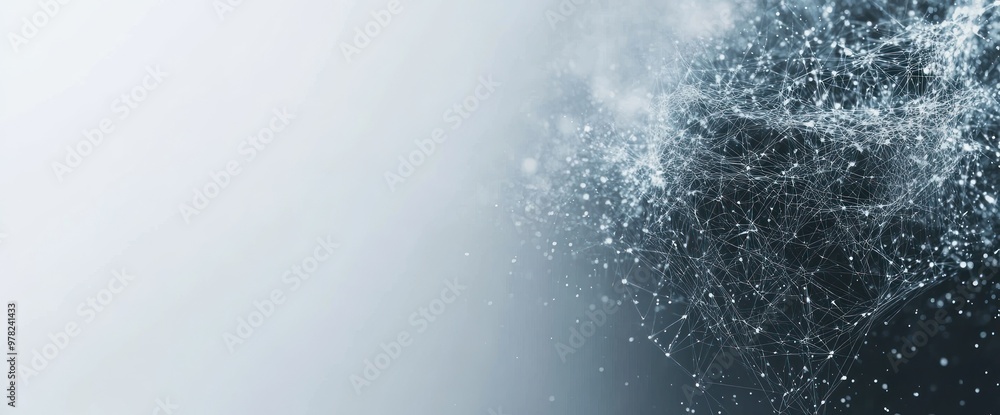Poster abstract digital background with interconnected nodes and particles.