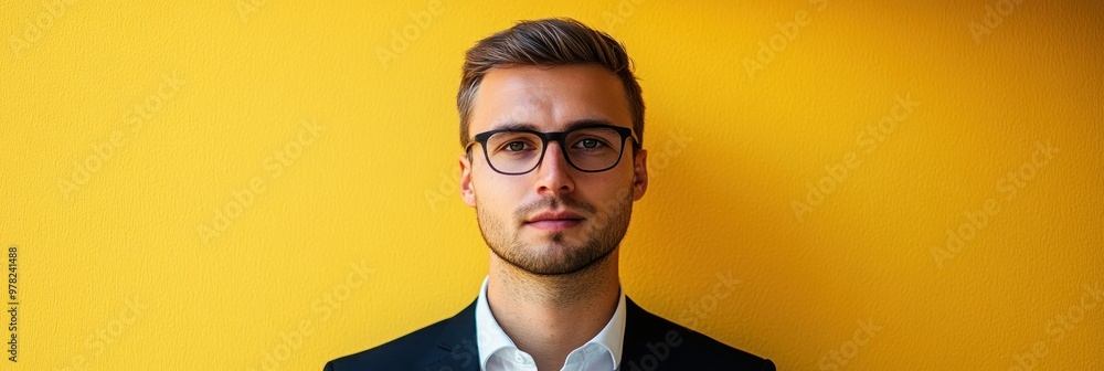 Canvas Prints A young man in a suit stands confidently against a vibrant yellow background.