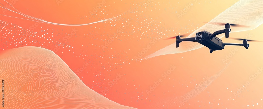 Poster a drone flying against a vibrant, abstract background with flowing lines and patterns.