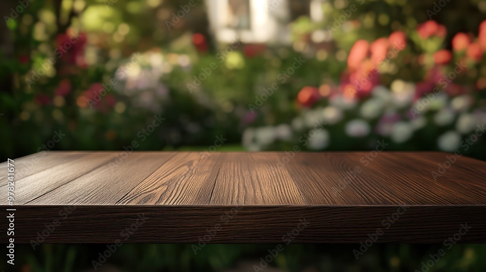 Canvas Prints A wooden table in a vibrant garden setting, suggesting a peaceful outdoor gathering.