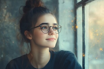 Portrait of a young woman sitting by a window with soft light and glowing neural elements symbolizing intellectual introspection mental clarity and peaceful contemplation