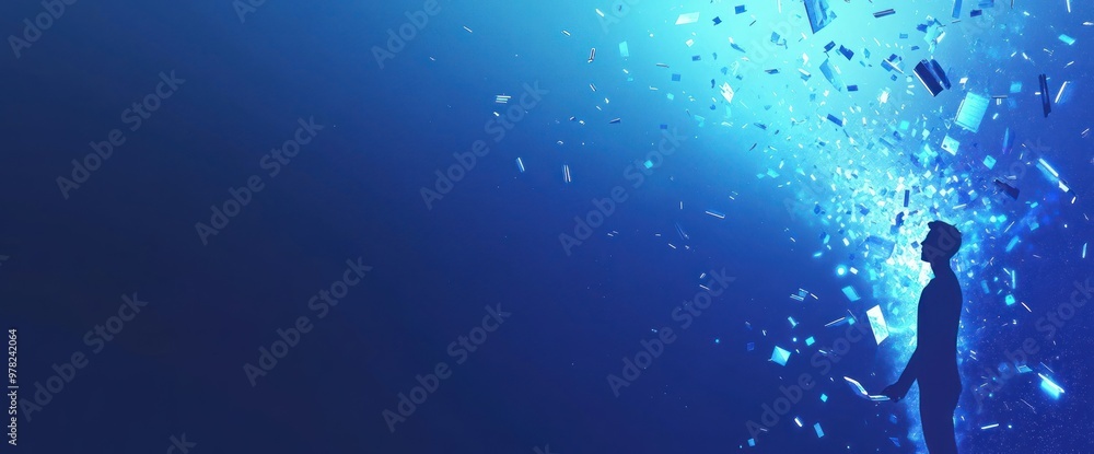 Poster a figure stands in a blue space, surrounded by floating books, symbolizing knowledge and exploration