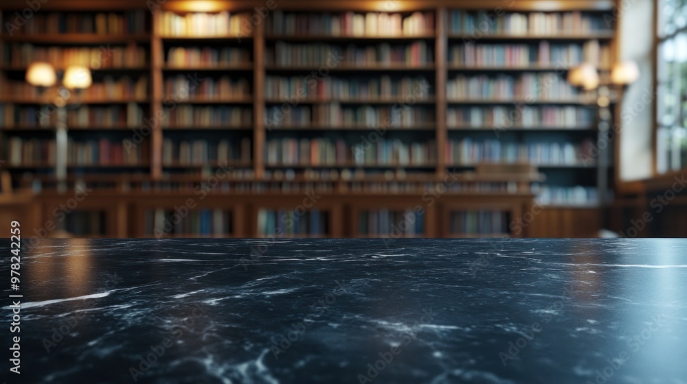 Poster a marble table in front of a blurred library filled with books.