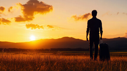 A man is walking in a field with a suitcase. The sky is orange and the sun is setting