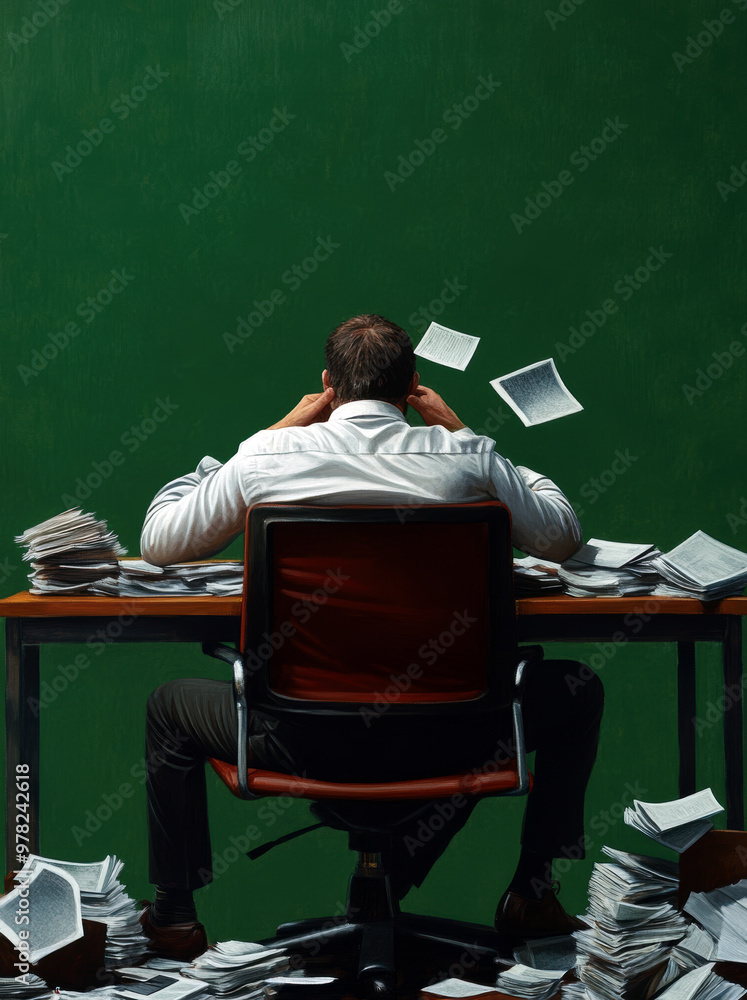 Aufkleber a man sits at a desk with a pile of papers in front of him. he is overwhelmed by the amount of work 
