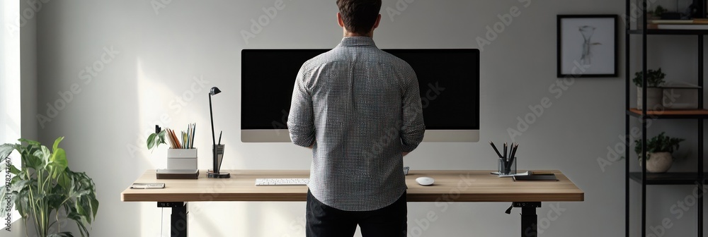 Poster a person stands at a modern desk with a computer, emphasizing a workspace environment.