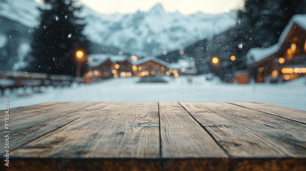 Poster A snowy mountain landscape with a wooden table in the foreground and cozy cabins in the background.