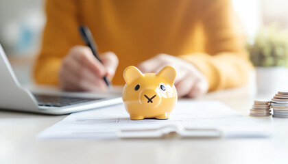 Fototapeta premium A person writing notes with a playful piggy bank on the table, symbolizing savings and financial planning at home.