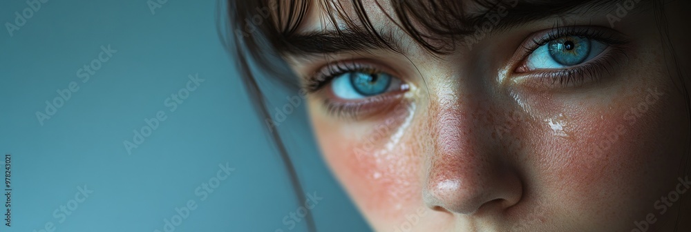 Wall mural Close-up of a young person with striking blue eyes and a tear, conveying emotion.