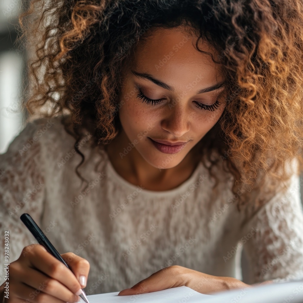 Poster A woman with curly hair writes in a notebook, focused and engaged in her task.