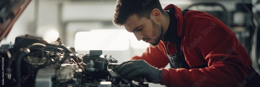 Poster a mechanic working intently on an engine in a workshop.